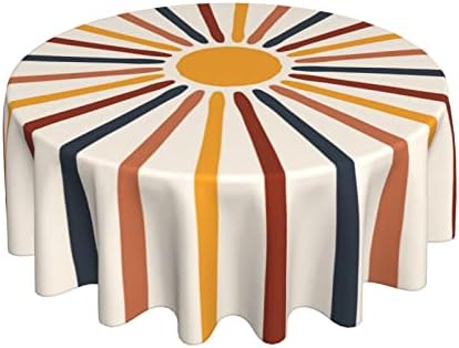 Kawani Sun Boho Colorful Table Cloth Vintage Rainbow Stripes Rustic Bohemian Round Tablecloth 60 inch Retro 70S Farmhouse Washable Table Cover for Holiday Kitchen Dinning Outdoor Indoor Decoration