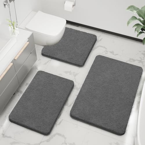 Bathroom Rugs Sets 3 Piece Extra Soft and Absorbent Microfiber Bath Rugs, Plush Shaggy Luxury Mat with Rubber Backing, Machine Wash Dry, Bath Mats for Bathroom Floor, Tub and Shower, Deep Grey by RUN HELIX - Image 3