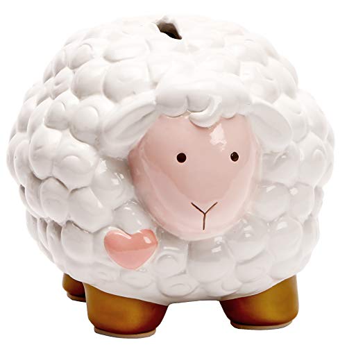 C.R. Gibson Pink and White Sheep Ceramic Coin Piggy Bank, 6.5'' x 4.5'' x 5'', 1 Piece