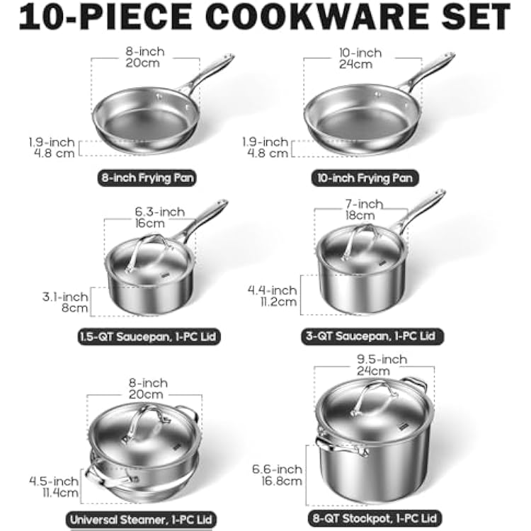 Cooks Standard 10 Piece Tri-ply Stainless Steel Pots and Pans Set, Cookware Set with Lids- Flying Pan, Saucepan, Steamer, Stockpot, Cool Grip Handles, Oven/Dishwasher Safe