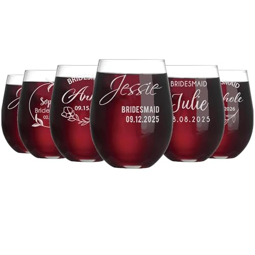 Personalized Wine Glasses Set, Custom 15oz Stemless Wine Glasses - Monogrammed Bridesmaids Wedding Glasses, Engraved Bride, Bridesmaid Gifts for Wedding Party (Stemless, Set of 6)