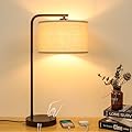 Side Table Lamp with Dual USB Ports, Dimmable Bedside Lamp Modern Nightstand Lamp Desk Reading Lamp with Linen Lampshade for Bedroom, Living Room, Study Room, Office, 9W 3000K LED Bulb Included