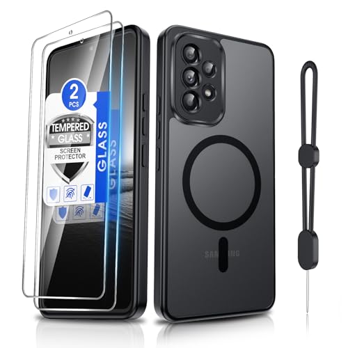 Dizn for Samsung Galaxy A53 5G Phone Case with 2 Screen Protector & Phone Lanyard Fit for MagSafe Camera Bumper Protection Shockproof Magnetic Thin Translucent Cover for Samsung Galaxy A 53 5G Black