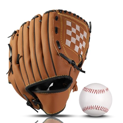 HolyElks Baseball Glove + Ball Sets, Softball Glove, Baseball Mitt, 10.5''-12.5'' for Youth Adult Training and Beginner Play, Synthetic Leather Softball Mitt, Right Hand Throw (Brown, 12.5