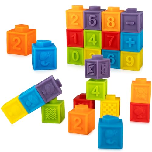 Image of Ganowo 12PCS Mini Soft Stacking Blocks Toys, Educational Squeeze Teeth Baby Toys with Numbers Animals for 6 Months Up Baby Building Blocks Christmas Stocking Stuffers for Baby Toddlers Gifts
