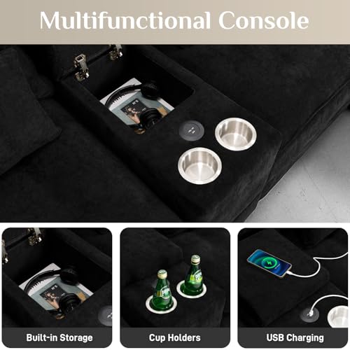 Image of OUYESSIR U-Shaped Sectional Sofa Couch, 4 Seat Sofa Set for Living Room, Convertible U-Shaped Velvet Couch Set with USB Port Central Console Ottoman,128 inches (Black)