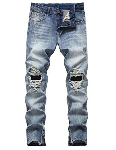 Men's Stretch Ripped Distressed Denim Jeans with Side Zippers