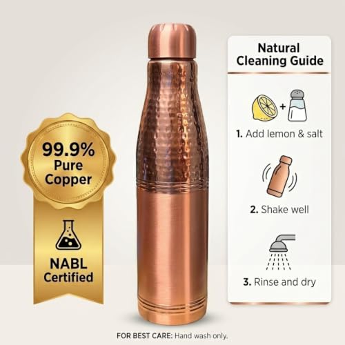 Image of Copper-Master 1 Liter Pure Copper Water Bottle - Loban Bottle Half Hammered Dual Finish, Leakproof Ayurvedic Tamra Jal Vessel for Home, Gym, Yoga & Office (1000ml / 34 oz)