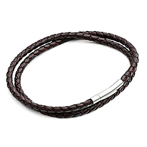 Tribal Steel Men's Brown Slimline Double Wrap Bracelet - Men's 21cm Plaited Leather Bracelet with Stainless Steel Rocker Clasp
