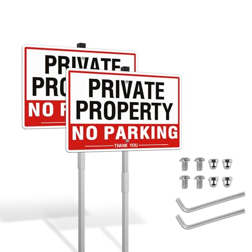 SINMAO Paquete de 2 letreros de no aparcamiento con poste de metal de 300 x 200 mm, letreros de metal para propiedad privada, no estacionamiento, reflectantes, protección UV
