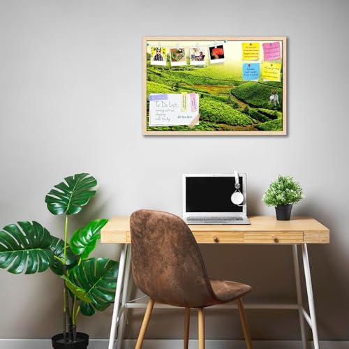 Image of ArtzFolio Tea Plantations, Munnar, Kerala | Bulletin Board Notice Pin Board | Vision Soft Board Combo with Thumb Push Pins & Sticky Notes | Natural Brown Frame | 24 x 16 inch (61 x 41 cms)
