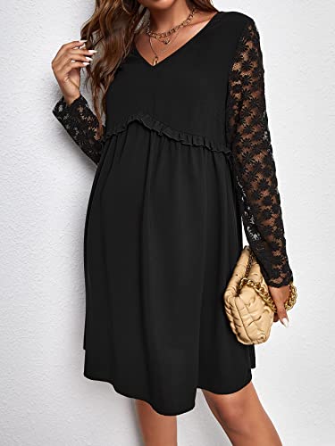 Oyoangle Women's Maternity Long Lace Sleeve V Neck Frill Trim Flared Knee Length Dress Black M #TOP2