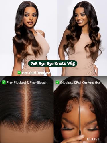 Image of KLAIYI Ombre Brown Body Wave Bye Bye Knots Glueless Wig Pre Cut HD Lace Front Wigs Human Hair Chestnut Brown Loose Wave Pre Bleached Pre Plucked Wear and Go Wig with Dark Roots 3S Ready to Wear 22Inch