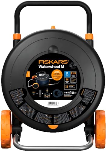Fiskars Comfort Waterwheel M 1071639 Kit d'irrigation tout compris avec roues, portée totale de 21,5 m, enroulement automatique, tuyau d'arrosage de taille universelle (diamètre 13 mm), raccord de