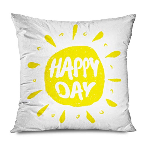 Funda de Almohada de Tiro Cuadrado 18x18 Sol Dibujado a Mano con Rayos Decoración aislada Boceto Cita Letras Feliz día Tipo de Cartel Texturas Funda de Almohada con Cremallera