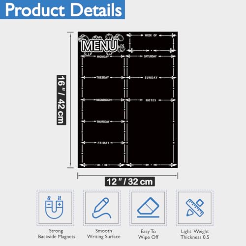 DumanAsen Magnetic Fridge Calendar, Meal Planner, Dry Eraser Weekly Menu Board - 16" x 12" inches - Includes 8 Colourful Pens (Black)