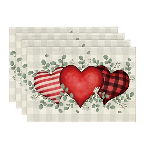 Artoid Mode Buffalo Plaid Eucalyptus Hearts Valentine Placemats Set of 4, 12x18 Inch Wedding Holiday Table Mats for Party Kitchen Dining Decoration