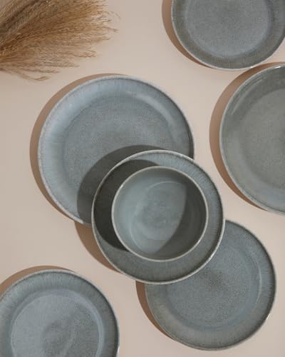 Image of Pokini 16 Piece Double Bowl Dinnerware Sets, Stain Resistant Dish Set with Pasta Bowls, Easy Cleaning Dishes, Multi-Functional Plate and Bowl, Stack Compactly Plate Set, Service for 4