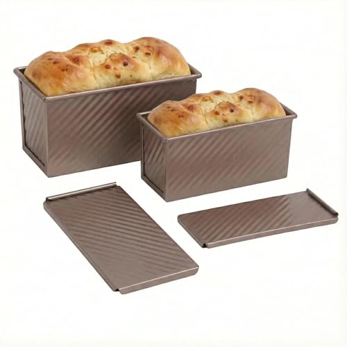 URMONA Molde para Pan con Tapa Set 2 Piezas, Moldes para Pan de Molde con Orificios de Ventilación, Acero al Carbono para Horno y Panificadora (M+L,Rosado Dorado)