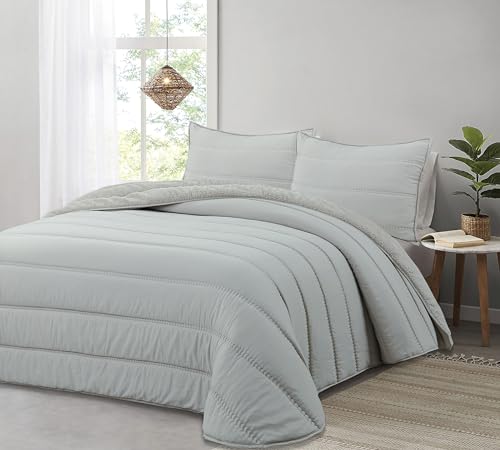 Liniva Home Comforter De Microfibra con Reverso de Borreguito. Edredón 100% Microfibra Tacto Extra Suave - Modelo Eliana - Incluye Funda de Cojín. (Gris, Cama 105 cm)