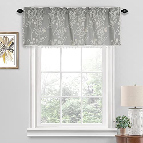 Th3Mys Tree Branch Embroidered Valance For Windows With Tassels, Boho Gingham Valances Rod Pocket Window Treatments For Bathroom Bedroom 52 X 18 Inch Avocado Gray #TOP1