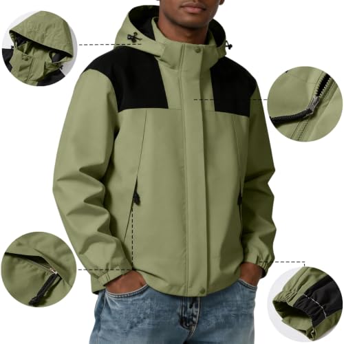 Image of Color Block Waterproof Hooded For Men Rain Shell Jacket Windproof Coat With Adjustable Drawcord Hood & Velcro Cuffs Packable Zip Up Hiking Camping And Fishing Outdoor Activities Green Xs