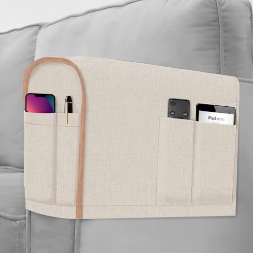 Joywell Linen Armrest Covers for Living Room Anti-Slip Sofa Arm Protector for Dogs, Cats, Armchair Slipcover for Recliner with 4 Pockets for TV Remote Control, Phone, Set of 2, Champagne