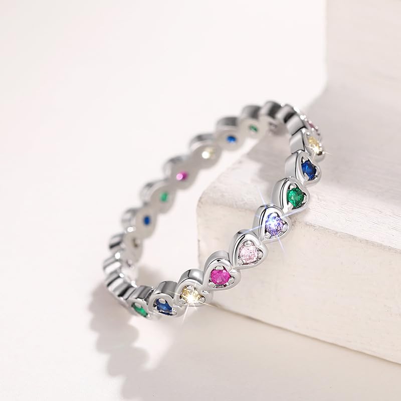925 Sterling Silver Rainbow Heart Ring, 14K White Gold Plated Colorful Heart Ring, Multi-Color Cut CZ Eternal Ring, Hypoallergenic Fashionable Promise Ring, Valentine's Day Gift2