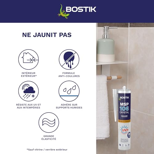 BOSTIK 30601522 Mastic Collage et d’étanchéité transparent MS106 Beschichtet, durchsichtig, 1 cartouche de 290 ml