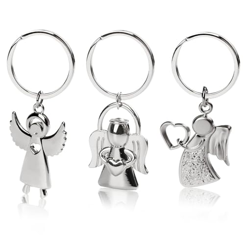 Image of SwirlColor Guardian Angel Keyring 3pcs, Sturdy Angel Pendant Keychain Silver Metal Keyrings for Women Men Friends Car Drivers