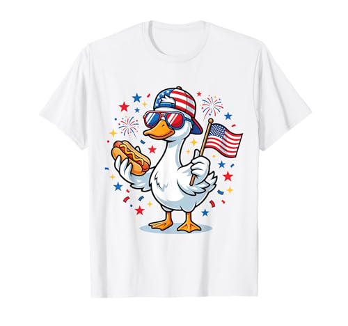 Funny Patriotic Duck USA Flag Hot Dog 4th of July Kids Boys T-Shirt