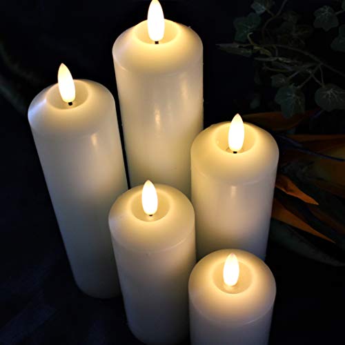 LED Lytes Timer Flameless Decorative Candles, 5 Ivory Wax Narrow Width Battery Candle Set, Realistic LED Candles Flickering 3D Flame and Wick with 6 Hour Rotating Timers