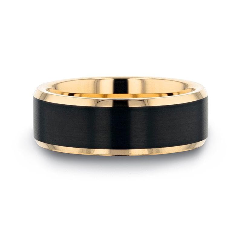 Thorsten Gaston Tungsten Wedding Ring for Men - Comfort Fit, Custom Engraved, Gold Plated Band with Flat Black Matte Brushed Inlay - Stylish Marriage Ring, Couple's Engagement Promise - 8mm - Size 9.53