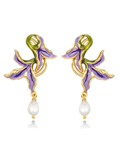 Gold Enamel Dainty Chunky Enamel CZ Iris Floral Pearl Purple Green Leaf Orchid Statement Earrings for Women by SNGIA, Modern Bohemian Summer Beach Floral Handmade Drop Jewelry, Flower Maximalist Wedding Date Birthday Gift, Bold Exaggerated Sunflower Tropical Stud Trendy Jewelry, Golden Colorful Fashion Vacation Accessories, Vintage Thick Nickle Free Gifts.