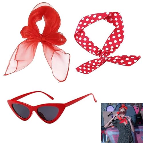 BOBOZHONG 50er Damen Accessoires Set,50er Jahre Damen Kleid Zubehör 60er Jahre Kleidung Set,Vintage Zubehör,mit Polka Dot Haarband,Schal,Katzenaugen...
