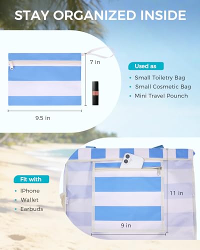 Image of WANDF Beach Bags for Women, Large Waterproof Sandproof Beach Tote Bag with Zipper Family Pool Bags with 40oz Tumbler Pocket, Swim Cruise Vacation Essentials (Blue)
