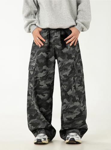 Mens Camo Cargo Pants Y2k Casual Baggy Mid Rise Wide Leg Loose Fit Camouflage Pants with Pockets Streetwear2