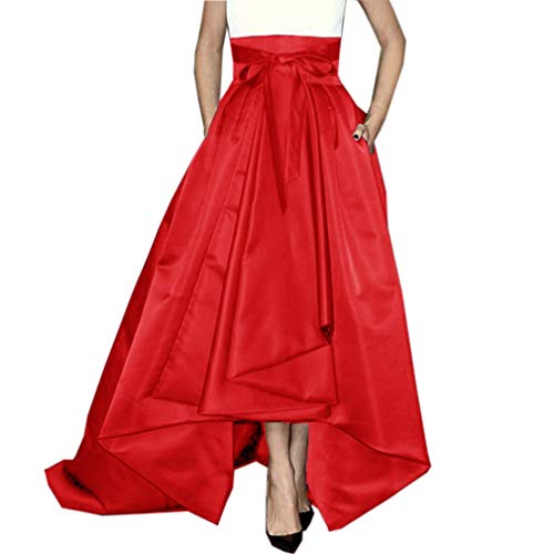 Lisong Women Floor Length High Low Bowknot Belt Satin Party Skirt