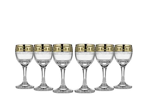 Crystal Goose GX03-134, 2 Oz Sherry Liquor Glasses with Greek Key Bronze Trim, Old-Fashioned Cordial Liquor Gilded Glasses with Etched Painting, 6-Piece Set
