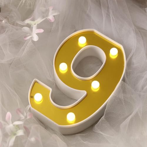 Image of Efavormart 6 inch Gold Marquee Number 9, Mirror Front Warm White LED Light Up 3D Sign, Battery Operated 72H Glow for Wedding Party & Wall Decor