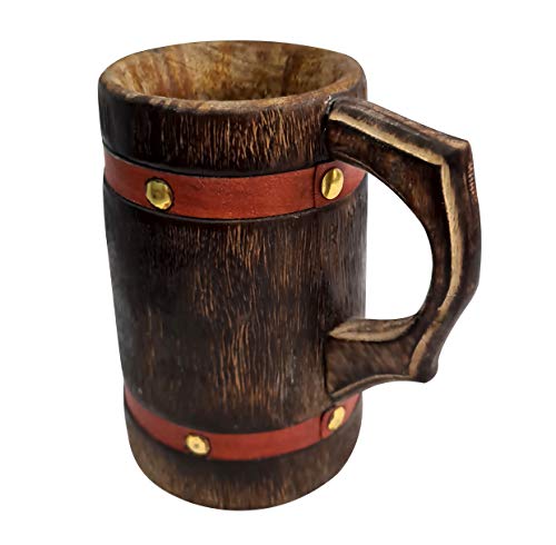Collectiblesbuy Wooden Mug For Drinking Beer Coffee Tea Handcrafted Eco-Friendly Rustic Knitted Leather Strap Wood Tankard Stein #TOP1