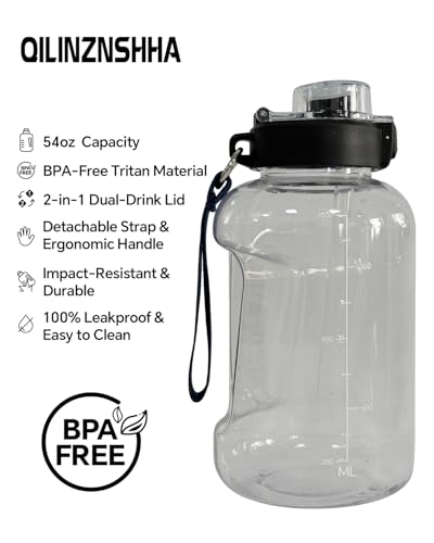 Image of Half Gallon (54 oz) Tritan Sports Water Bottle with 2-in-1 Leakproof Lid (Straw & Chug Cap) and Handle for Gym, Travel, Hiking - BPA Free (Multiple Colors)