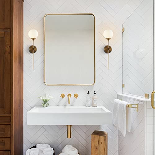 Image of KCO Mid-Century Modern Wall Mounted Sconces Set of 2 Brushed Gold Globe Vanity Light Fixture Long Arm Industrial Bathroom Lighting Fixtures Over Mirror (White)