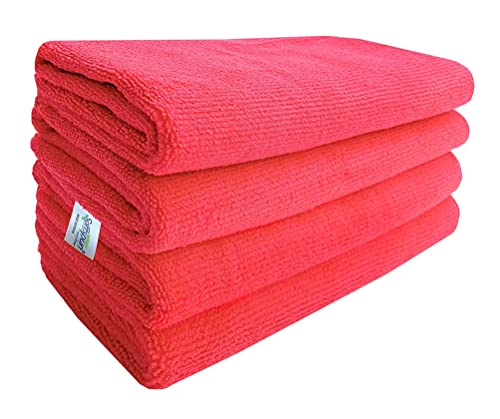 Image of SOFTSPUN Microfiber Cleaning Cloths, 4pcs 40x40cms 340GSM Red! Highly Absorbent, Lint and Streak Free, Multi -Purpose Wash Cloth for Kitchen, Car, Window, Stainless Steel, Silverware.