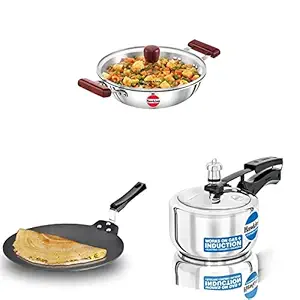Hawkins Stainless Steel Fry Pan with Glass Lid, 2.5 Litre, 26 Cm, 3 Mm, Silver (Ssd25G) Dosa Tava, 33 Cm, 4.88 Mm (Black) Ndt33 1.5 Litre Pressure Cooker, Silver (Hss15) - Inner Lid, 2.5 Liter