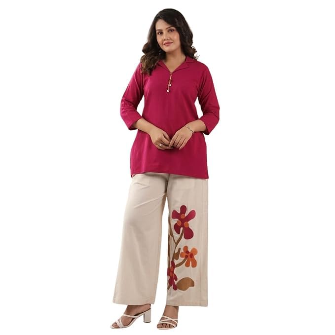 Women's Premium Cotton Flex Co-Ord Set | Pink Collar Neck Top with Floral Print Palazzo Pants | Stylish Cord Set for Women with Both Side Pockets | Casual Office Wear Lounge Wear Outfit-picture-49