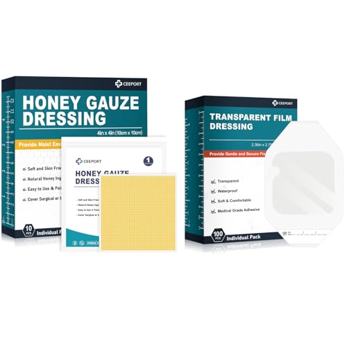 Ceeport Manuka Honey Gasas para Vendaje (4" x 4" 10 piezas) + Vendaje de Película Transparente (2.36" x 2.75" 100 piezas) miniatura 1
