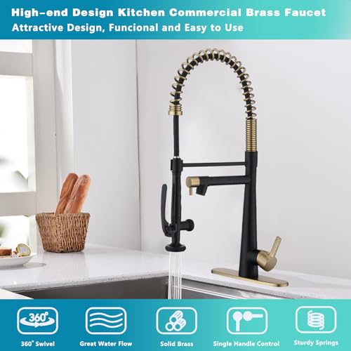 Image of Kitchen Faucet, Solid Brass Black + Brushed Gold Kitchen Faucet, Heavy Duty Spring Pre-Rinse Single Handle Kitchen Faucets with Pull Down Sprayer and Pot Filler, Commercial Style Sink Faucet