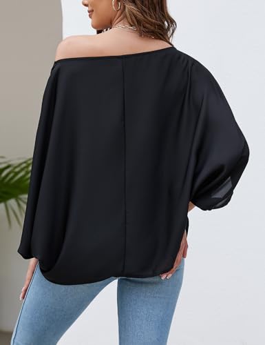 VIMPUNEC Womens Off The Shoulder Flowy Tops Casual Batwing Sleeves Blouses Loose Chiffon Shirts2