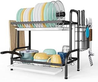 Stainless Steel Dish Drying Rack, 2 Tier Dish Racks With Removable Drain Board, Utensil Holder and Cutting Board Holder, Rustproof Drainer Rack for Kitchen Counter, Black with Dishwashing Brush